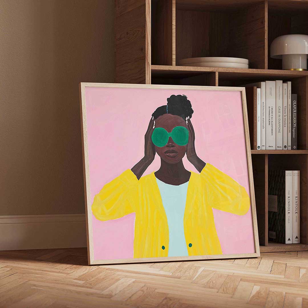 Vrouw met groene bril – vierkante moderne wanddecoratie van WallArtistic