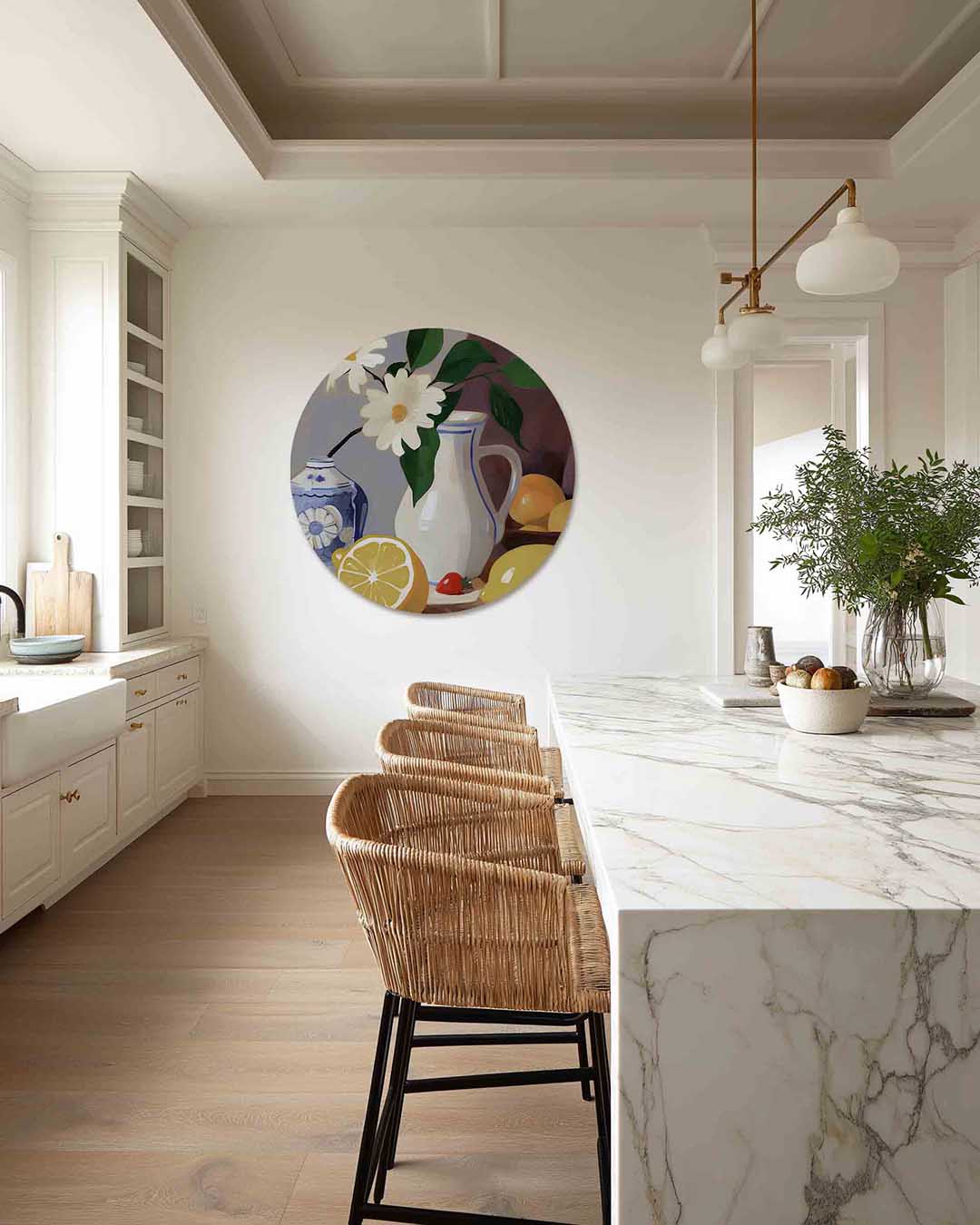 Stilleven met citroenen – abstracte muurcirkel als ronde wanddecoratie
