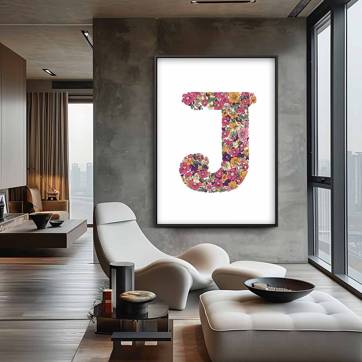 Bloemen Initialen Kunstwerk - J – canvas wanddecoratie in portret formaat