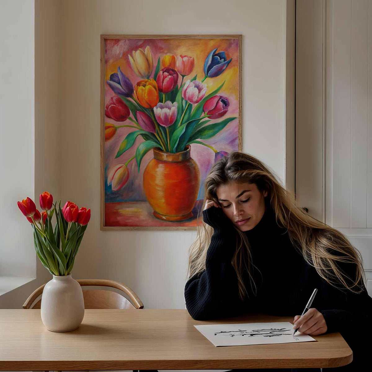 Bloeiende Tulpenschilderij – bloemen poster als moderne staande wanddecoratie