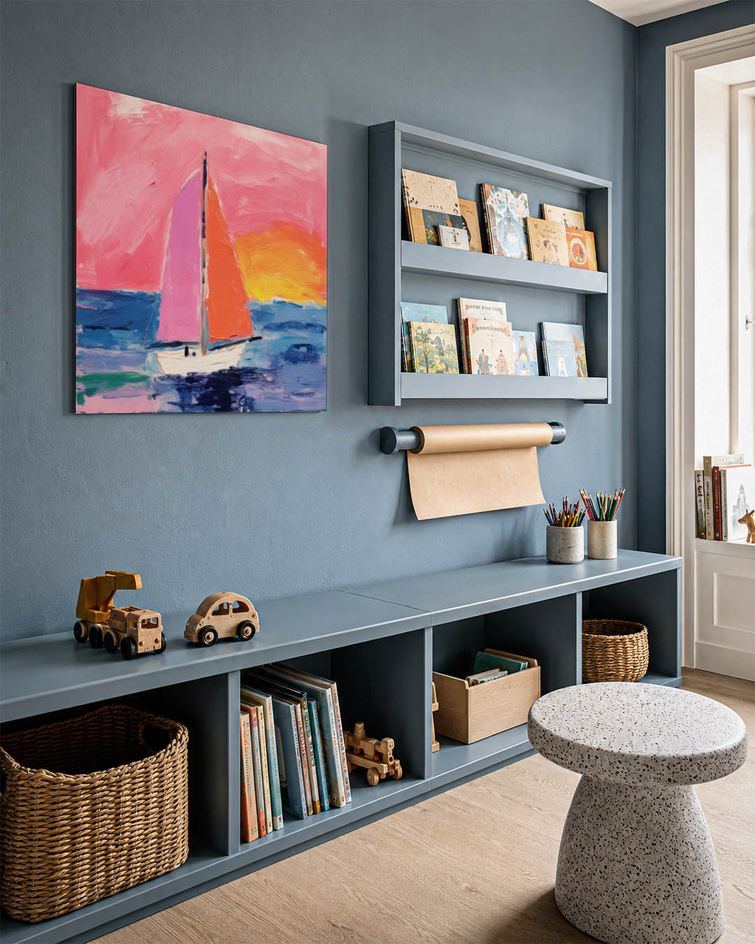 Vrolijk zeilboottafereel kunstwerk – detailweergave – dit kunstwerk toont een zeilboot op een kleurrijke zee met een