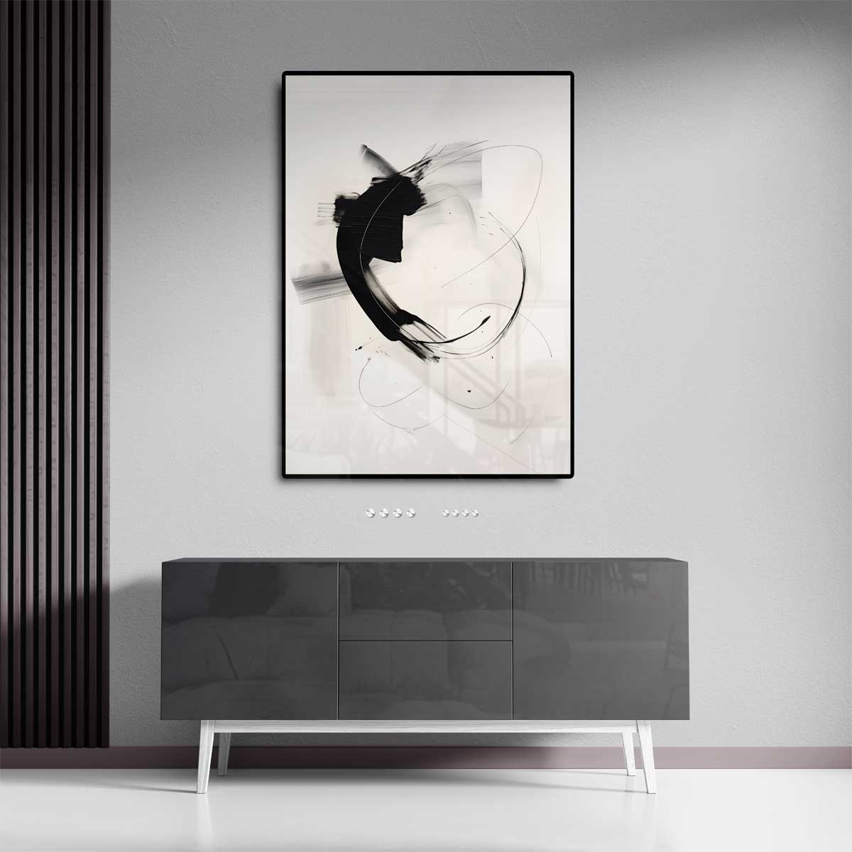 Dynamische Zwarte Streep – staand kunstwerk voor modern interieur
