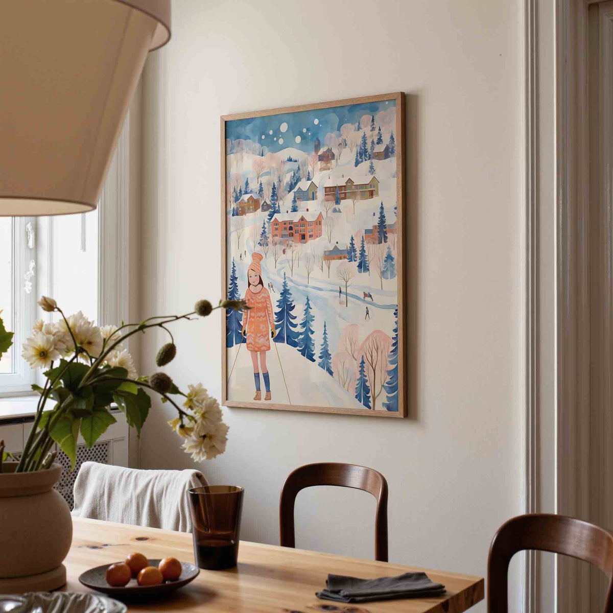 Winterlandschap met skiër – kerstposter in staand formaat