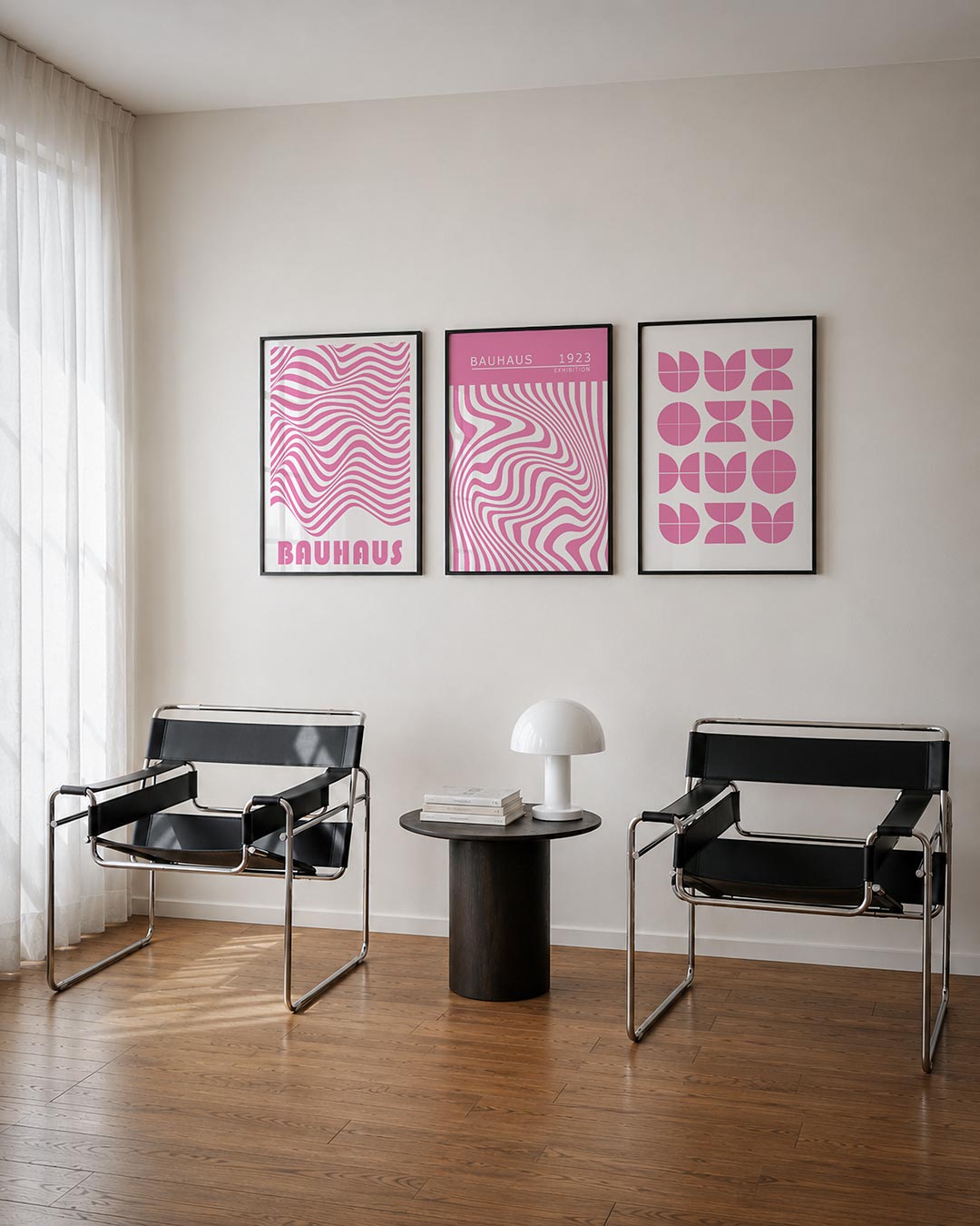 Golvend lijnenspel posterset – derde productweergave – deze posterset in drie delen toont vloeiende roze lijnen die ritmisch
