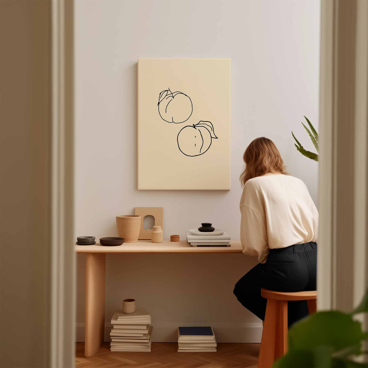 Lijndansende Perziken – kunstwerk met zwarte baklijst
