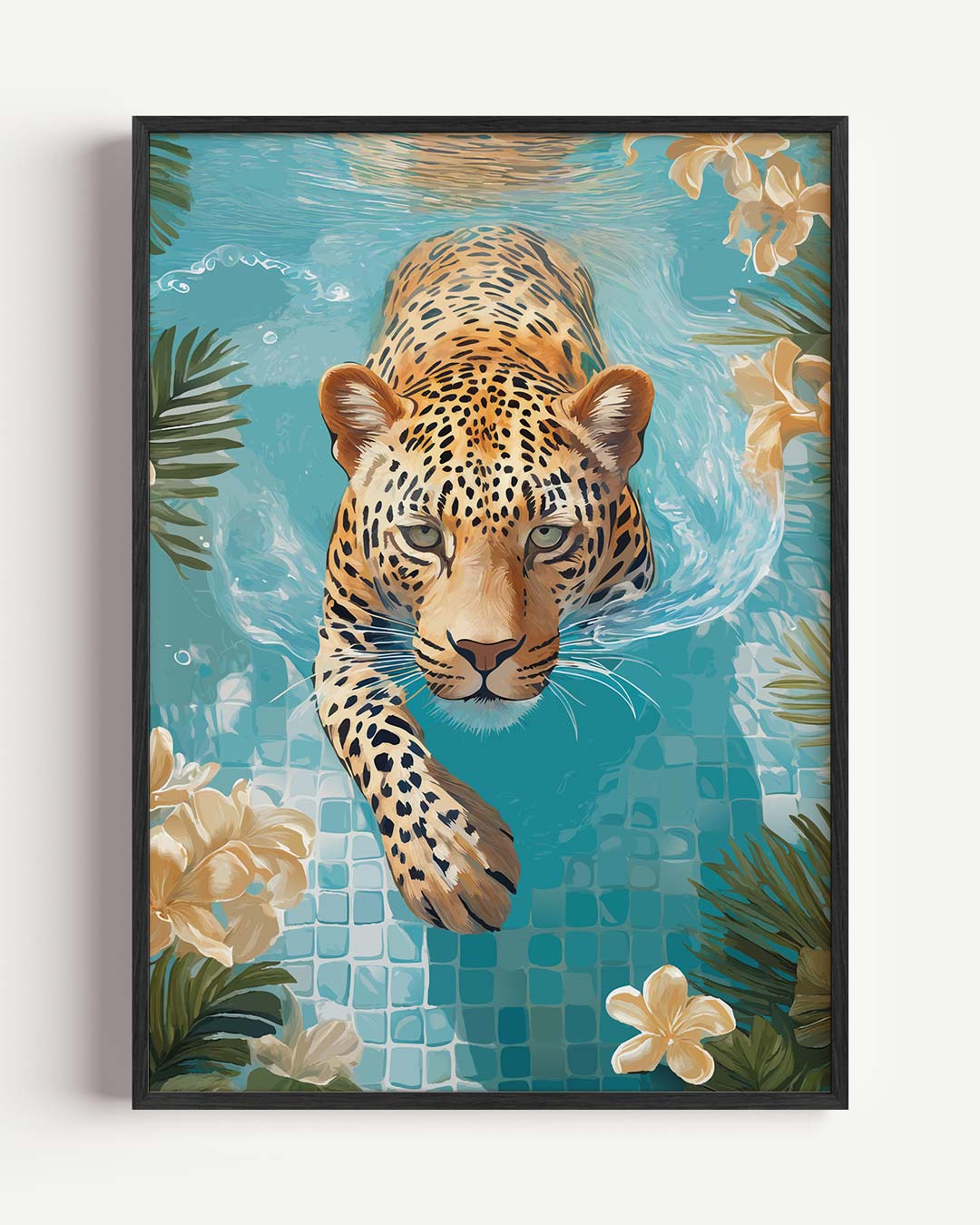 Zwemmende Luipaard in Tropische Oase – dieren portret poster als wanddecoratie