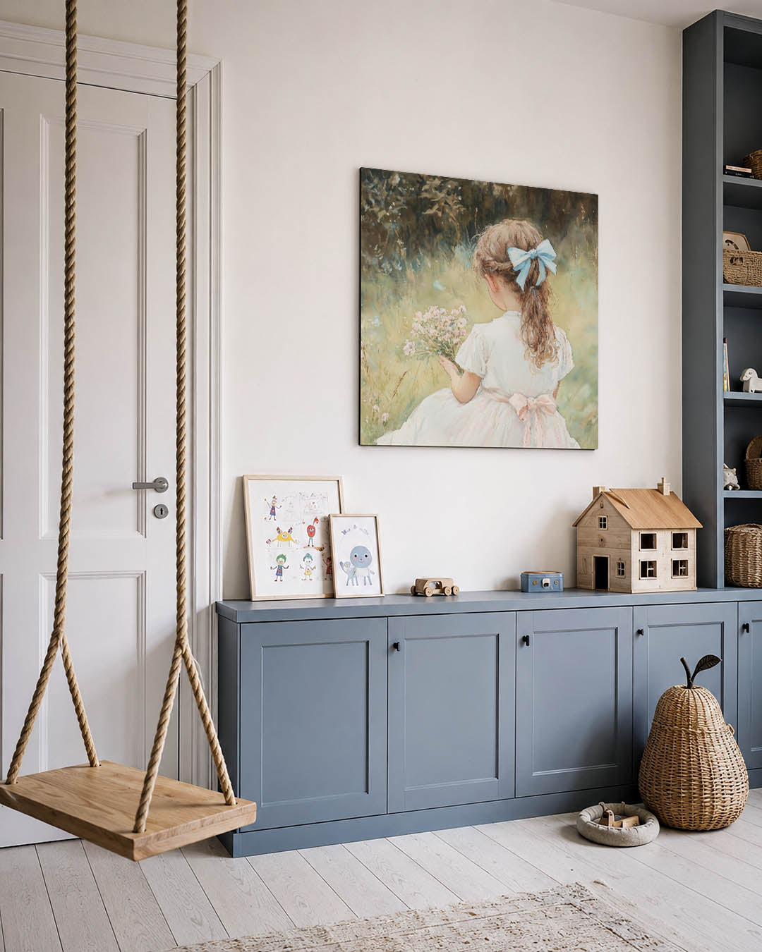 Meisje met bloemen kunstwerk – vierkante wanddecoratie – een jong meisje in een witte jurk met een blauwe strik in haar haar