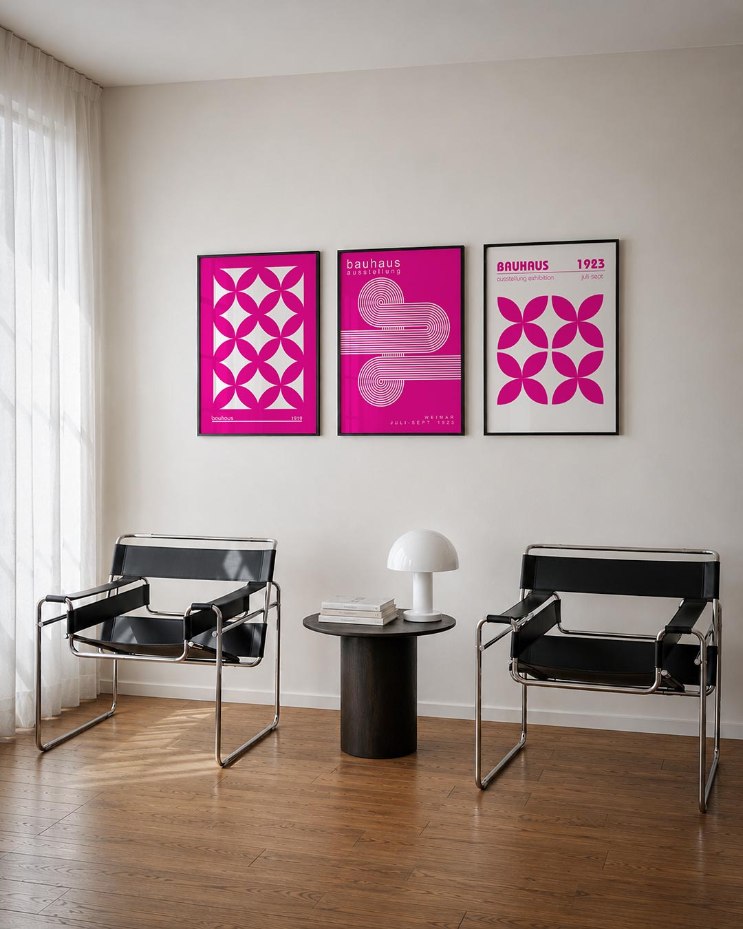Vorm en kleur posterset – tweede productweergave – deze posterset in drie delen toont een ritmisch patroon van roze ellipsen