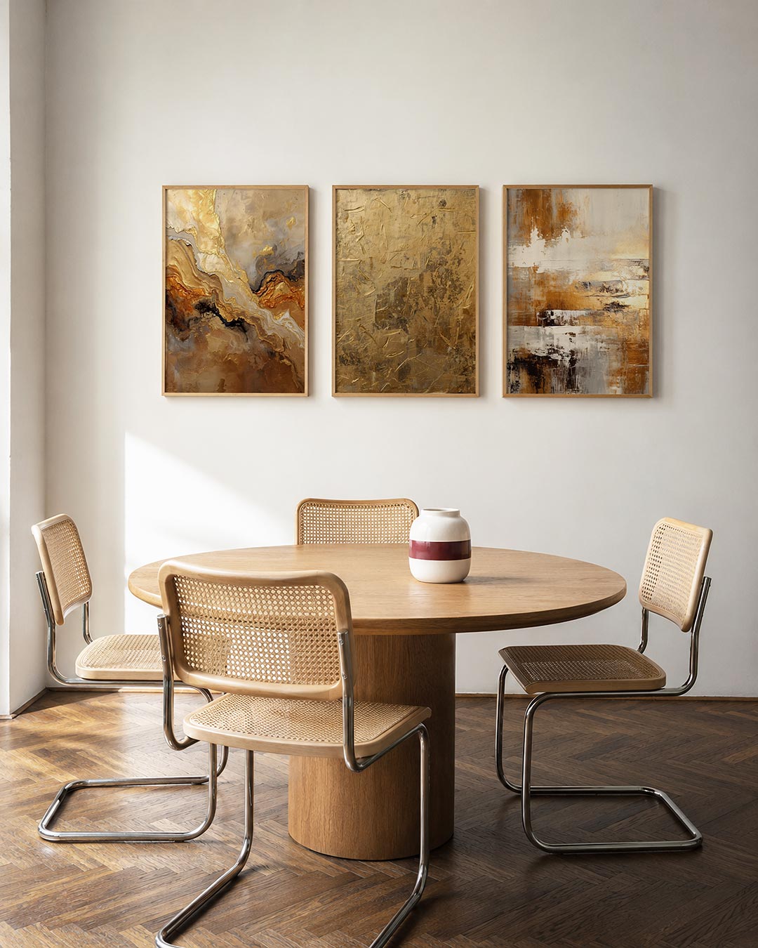 Gouden vormenstroom posterset – derde productweergave – deze afbeelding toont een vloeiende beweging van gouden en