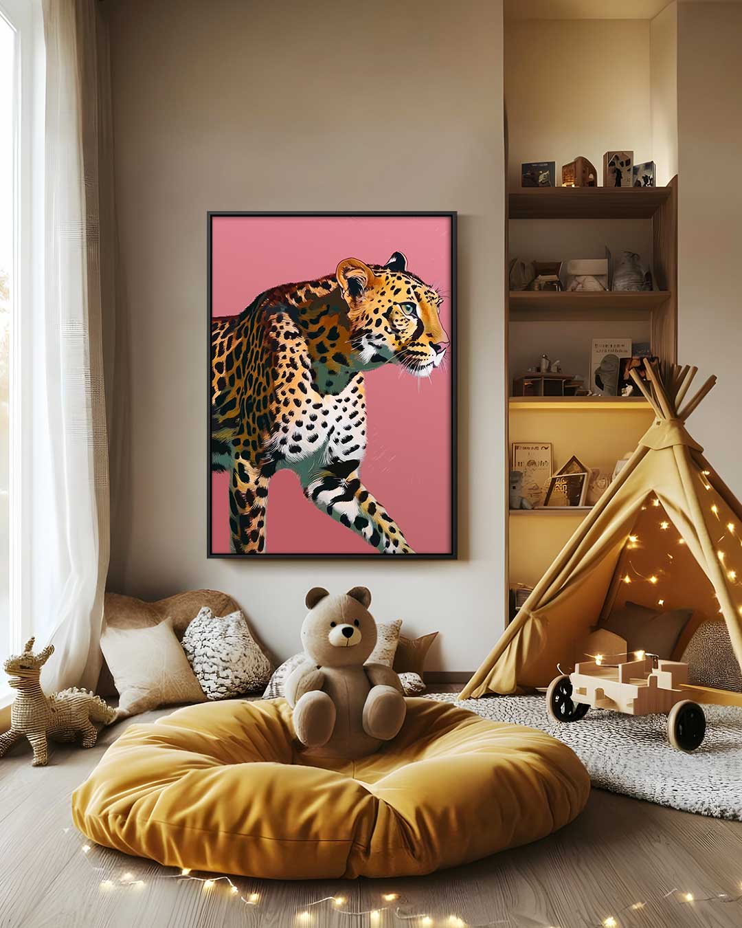 Elegante Luipaard op Roze Achtergrond – canvas wanddecoratie in portret formaat