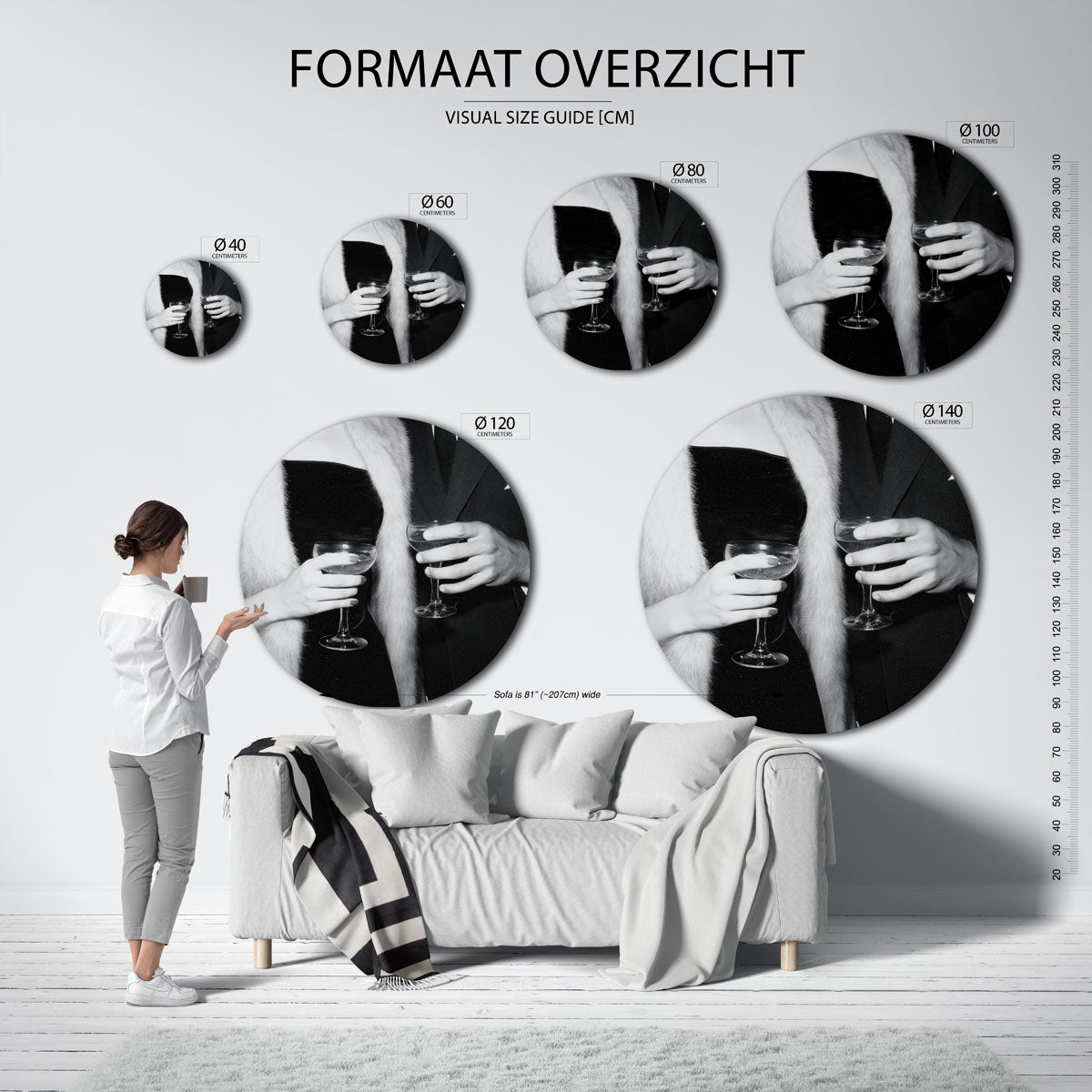 Champagneglazen en avondkleding – kleurrijke ronde muurdecoratie in Pop Art stijl