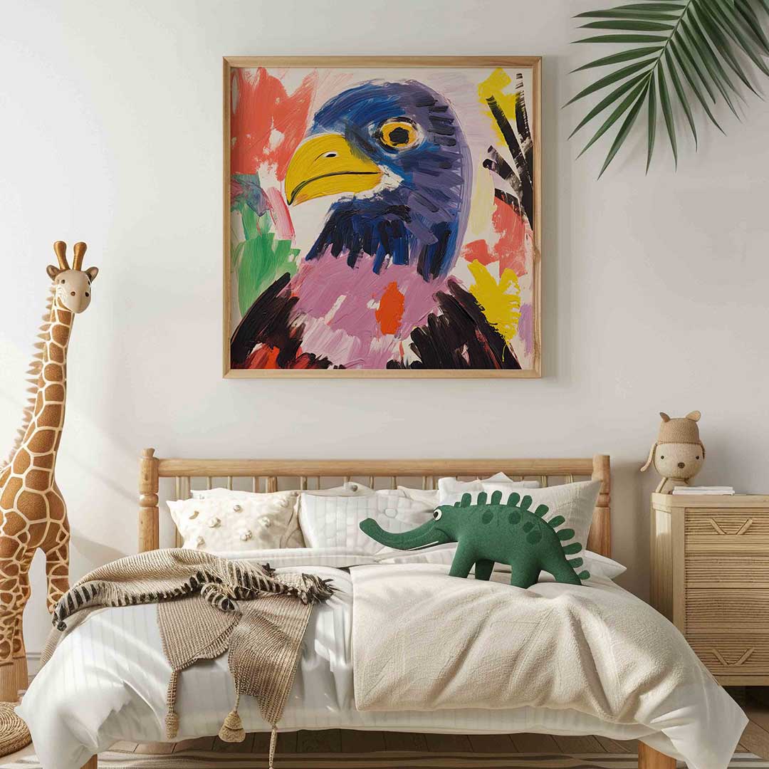 Vogel met kleurrijke veren – vierkante kinderkamer wanddecoratie van WallArtistic
