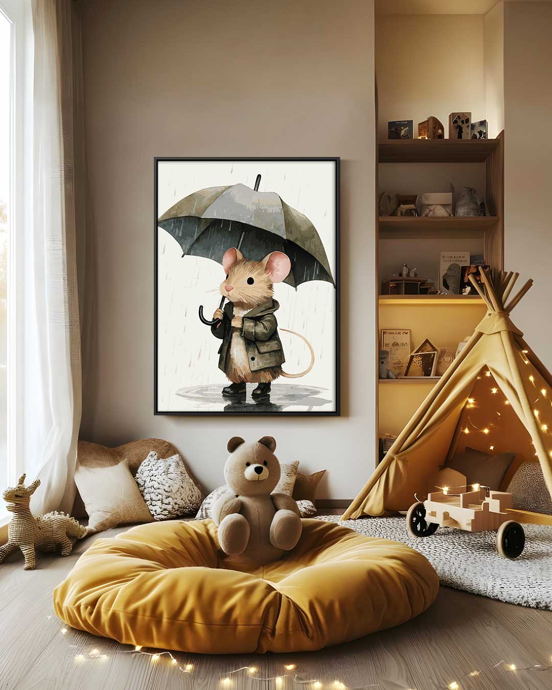 Schattige Paraplumuis – modern portret kunstwerk van WallArtistic