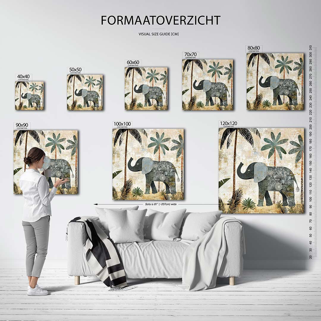 Olifant en palmbomen kunstwerk – dit werk toont een olifant omringd door palmbomen en bladeren. De zachte beige achtergrond