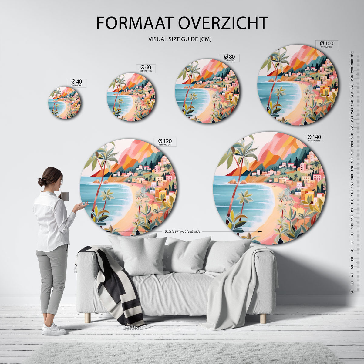 Kustlandschap met palmbomen – abstracte wandkunst als muurcirkel van WallArtistic
