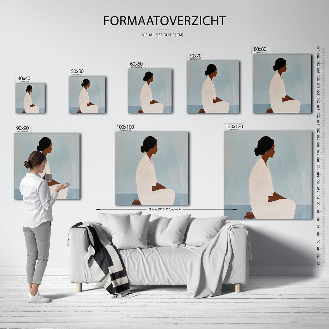 Rustige silhouet kunstwerk – materiaalweergave – dit kunstwerk toont een zittende figuur in profiel, gehuld in zachte tinten.