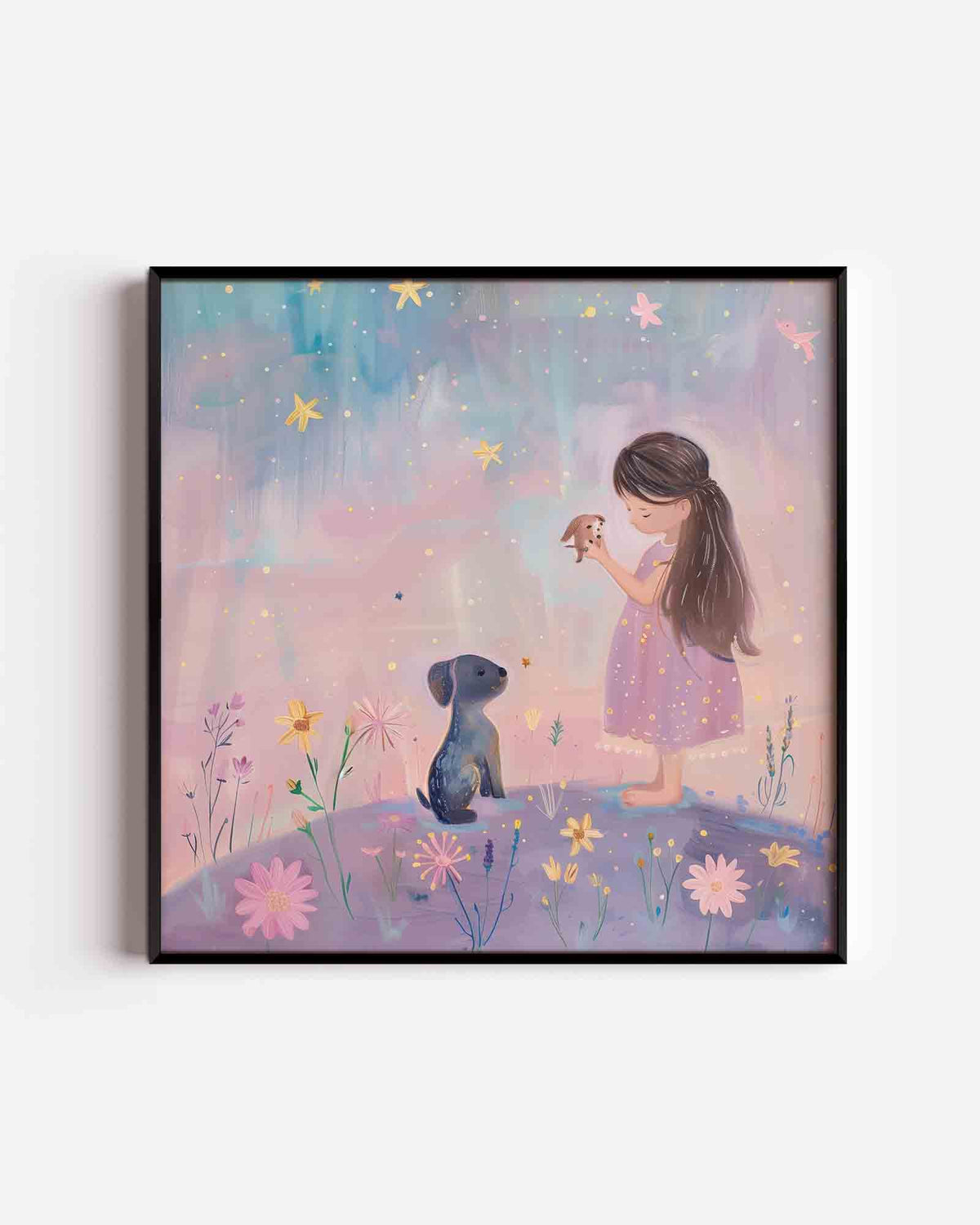 Meisje met hondjes – vierkante kinderposter als wanddecoratie