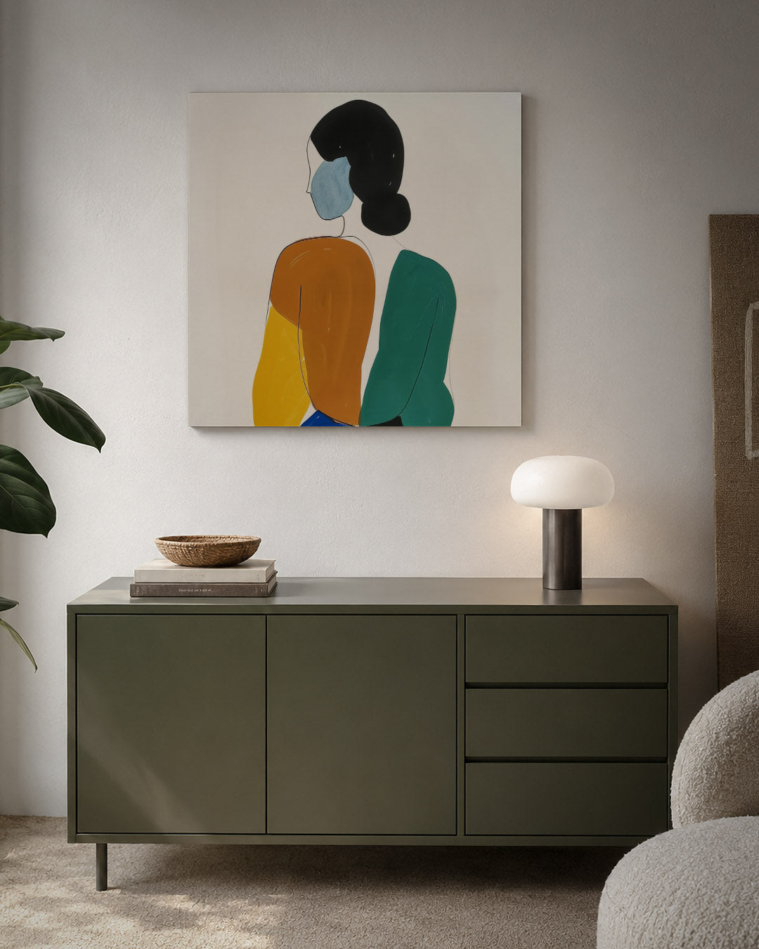 Gestileerde figuren kunstwerk – detailweergave – dit werk toont gestileerde figuren met vloeiende lijnen en contrasterende