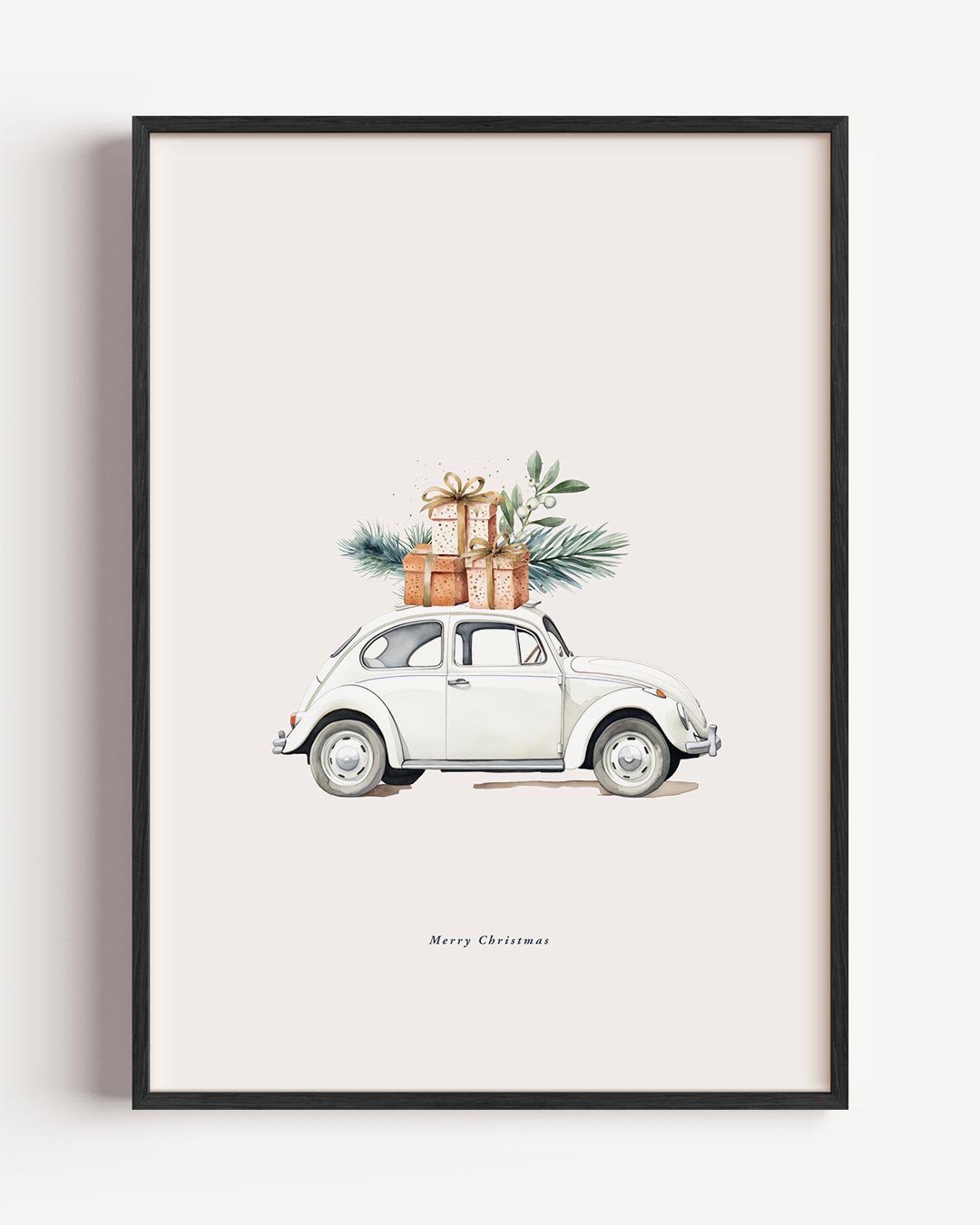 Kerstcadeaus op Retro Auto – kerst portret poster als wanddecoratie