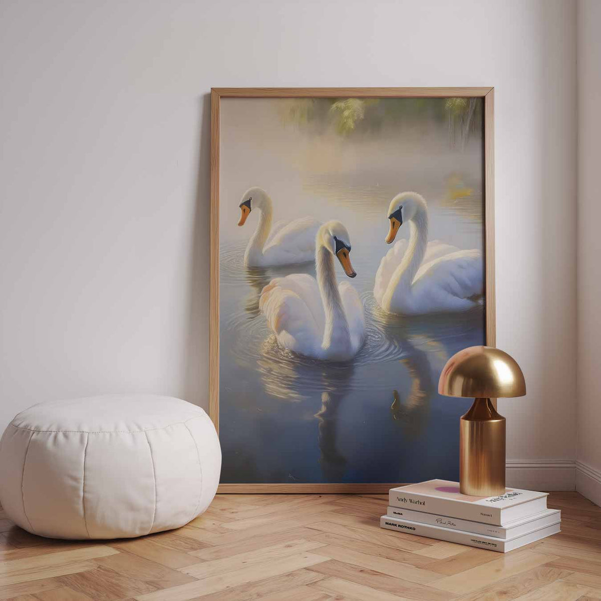 Dromerige Zwanen in Ochtendmist – dieren poster in staand formaat