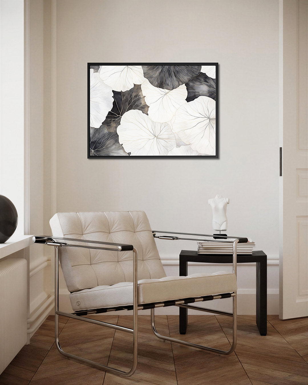 Bladpatroon in zwart wit – kunstwerk op canvas, dibond of plexiglas