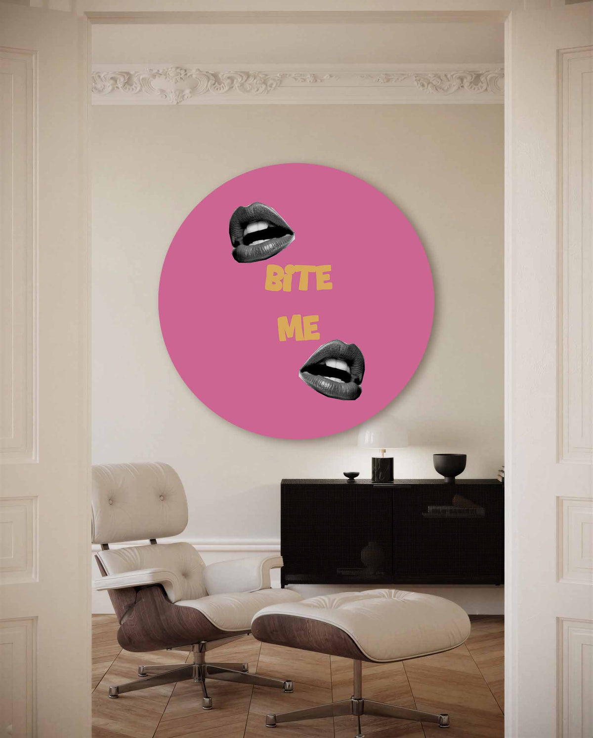 Bite me – kleurrijke Pop Art muurcirkel voor aan de muur