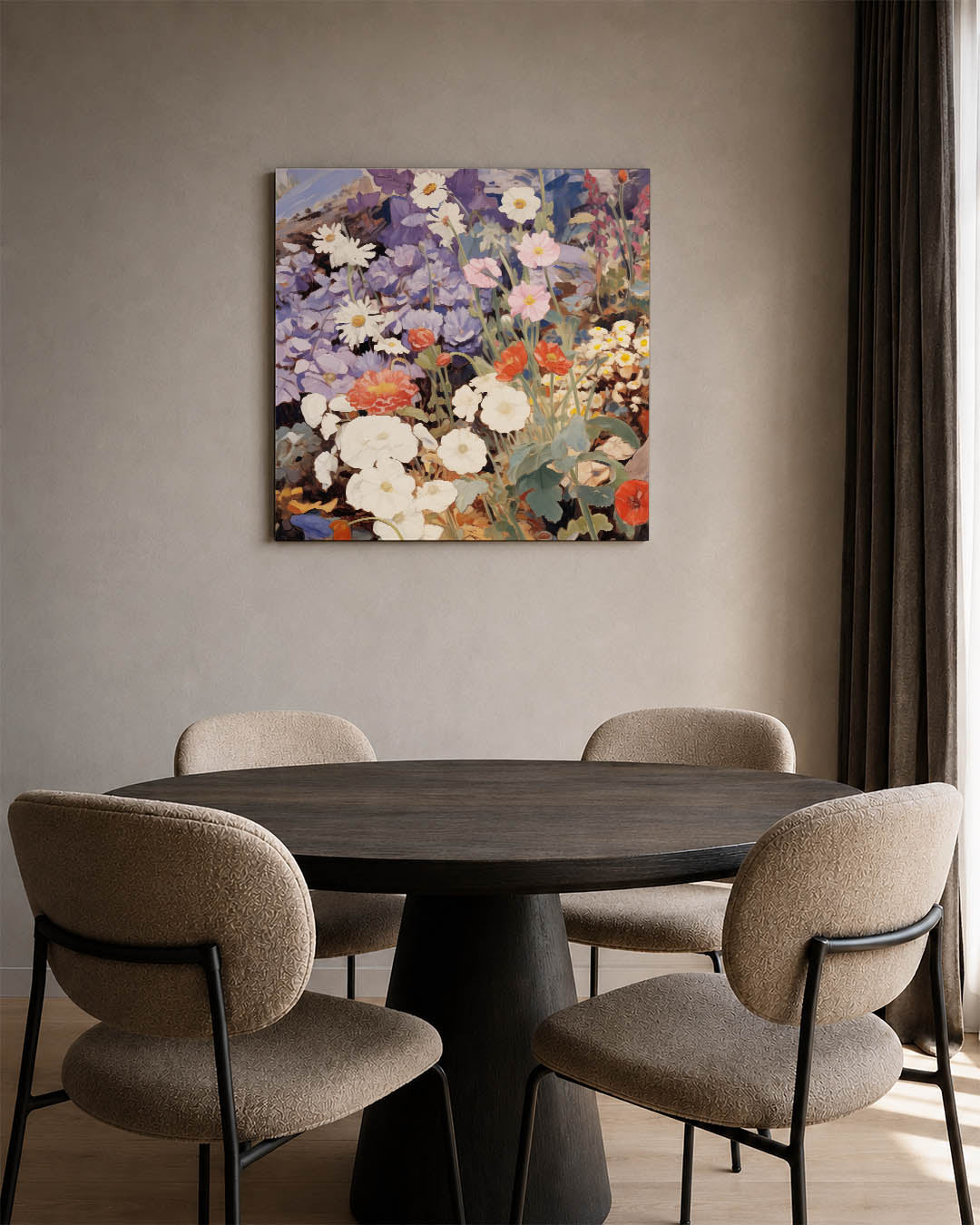 Bloemenpracht kunstwerk – derde productweergave – dit kunstwerk toont een weelderige verzameling bloemen in diverse kleuren.