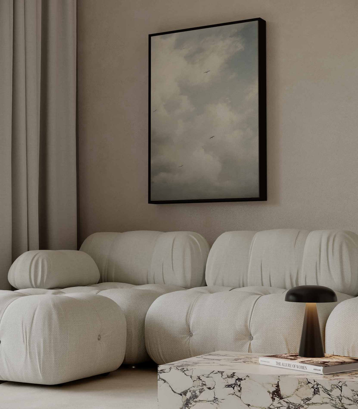 Wolkenpracht met Vogels – kunstwerk met zwarte baklijst