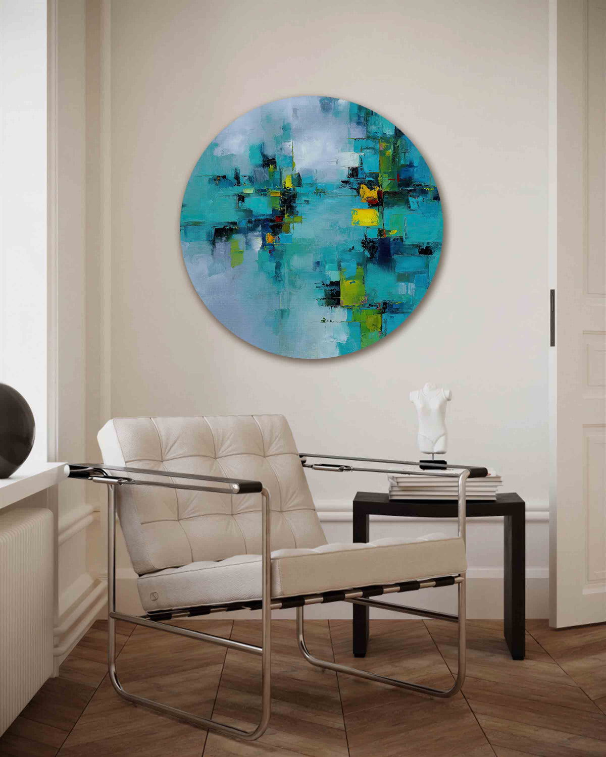 Abstracte blauwe – abstracte muurcirkel als ronde wanddecoratie
