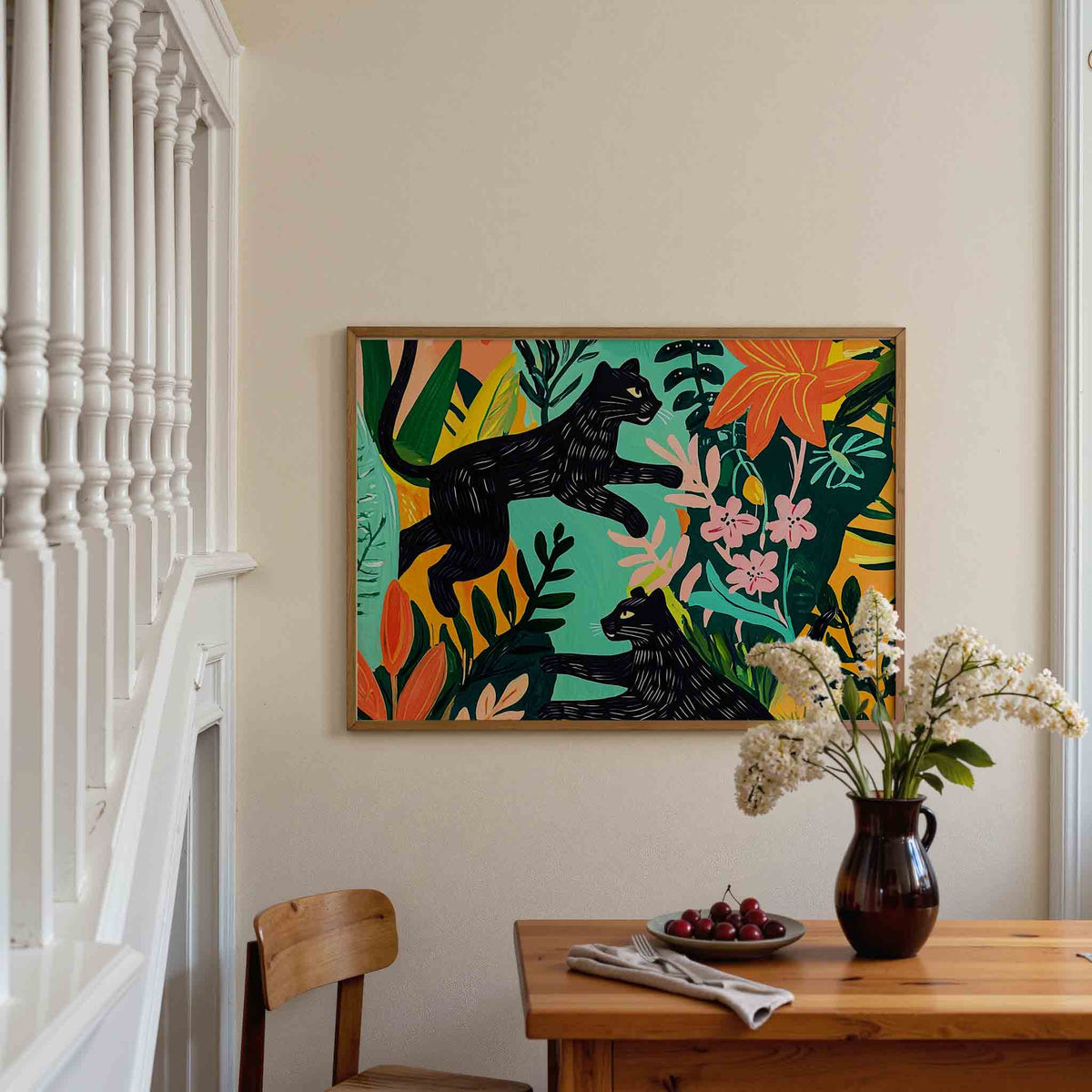 Zwarte panters en bloemen – dieren poster in liggend formaat
