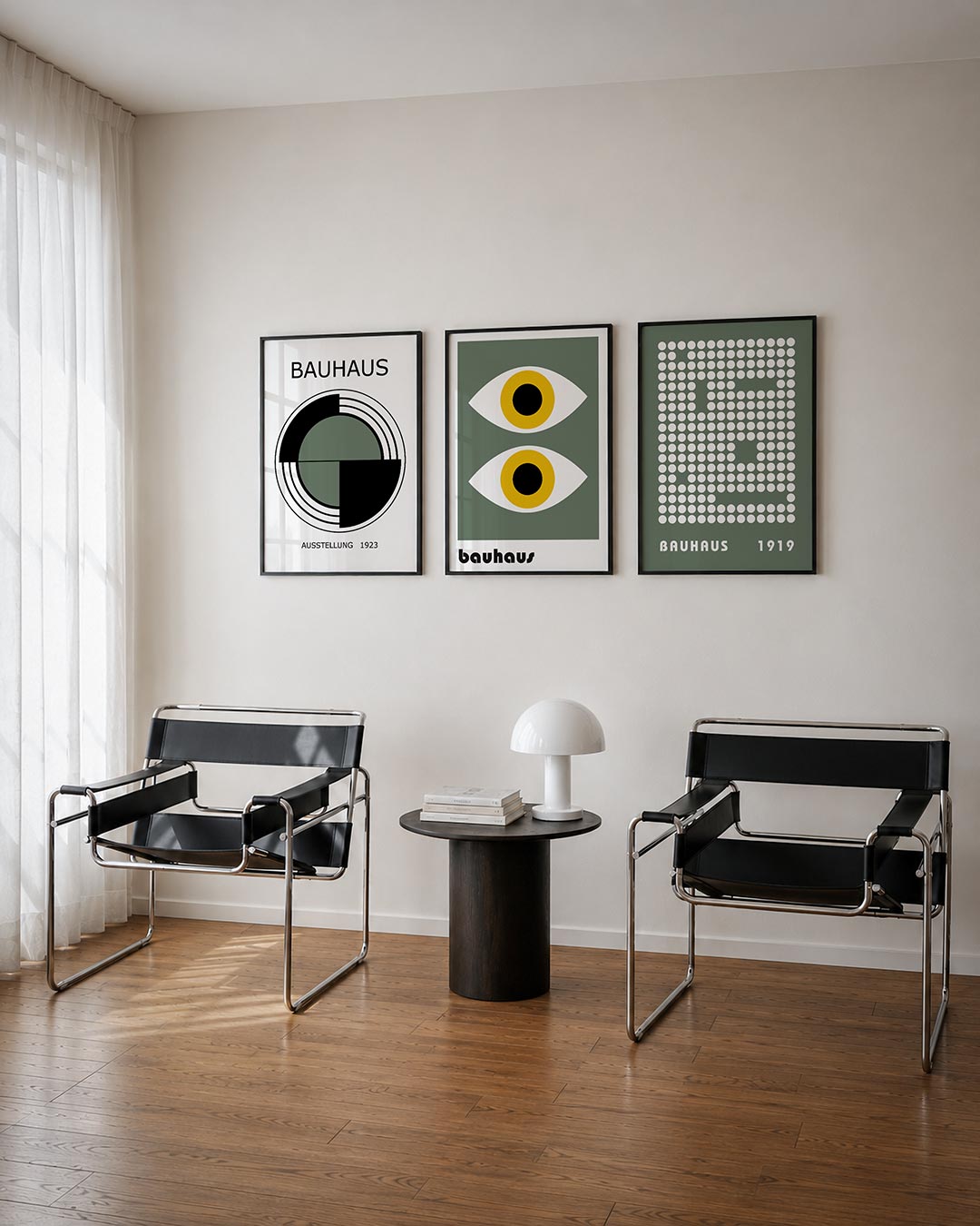 Cirkel en lijnen posterset – tweede productweergave – deze posterset in drie delen toont een centrale cirkel met zwart en
