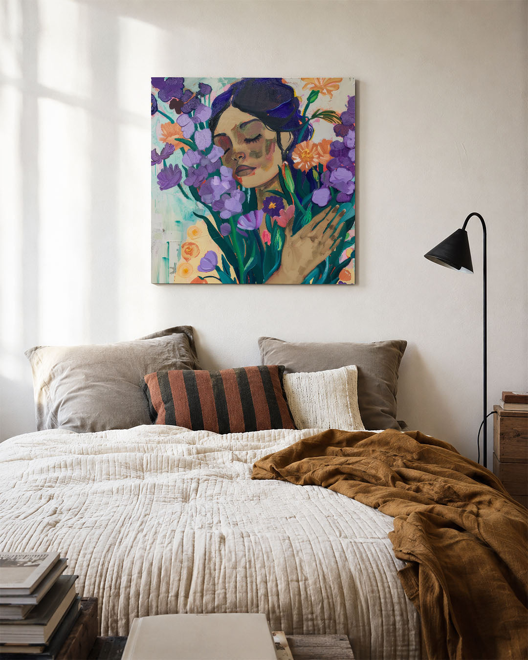 Dromerige bloemenportret kunstwerk – detailweergave – dit werk toont een serene vrouw omringd door kleurrijke bloemen. De