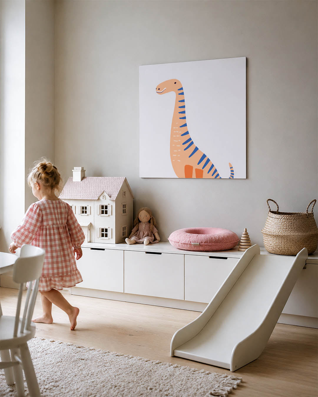 Speelse dinosaurus illustratie kunstwerk – tweede productweergave – dit kunstwerk toont een vrolijke dinosaurus met blauwe