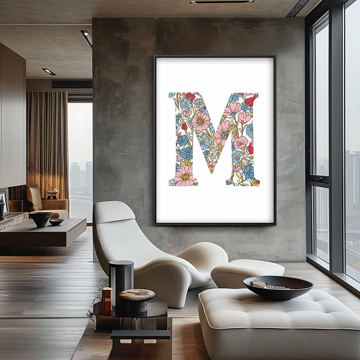 Bloemenpatroon Muurdecoratie Letter M – canvas wanddecoratie in portret formaat