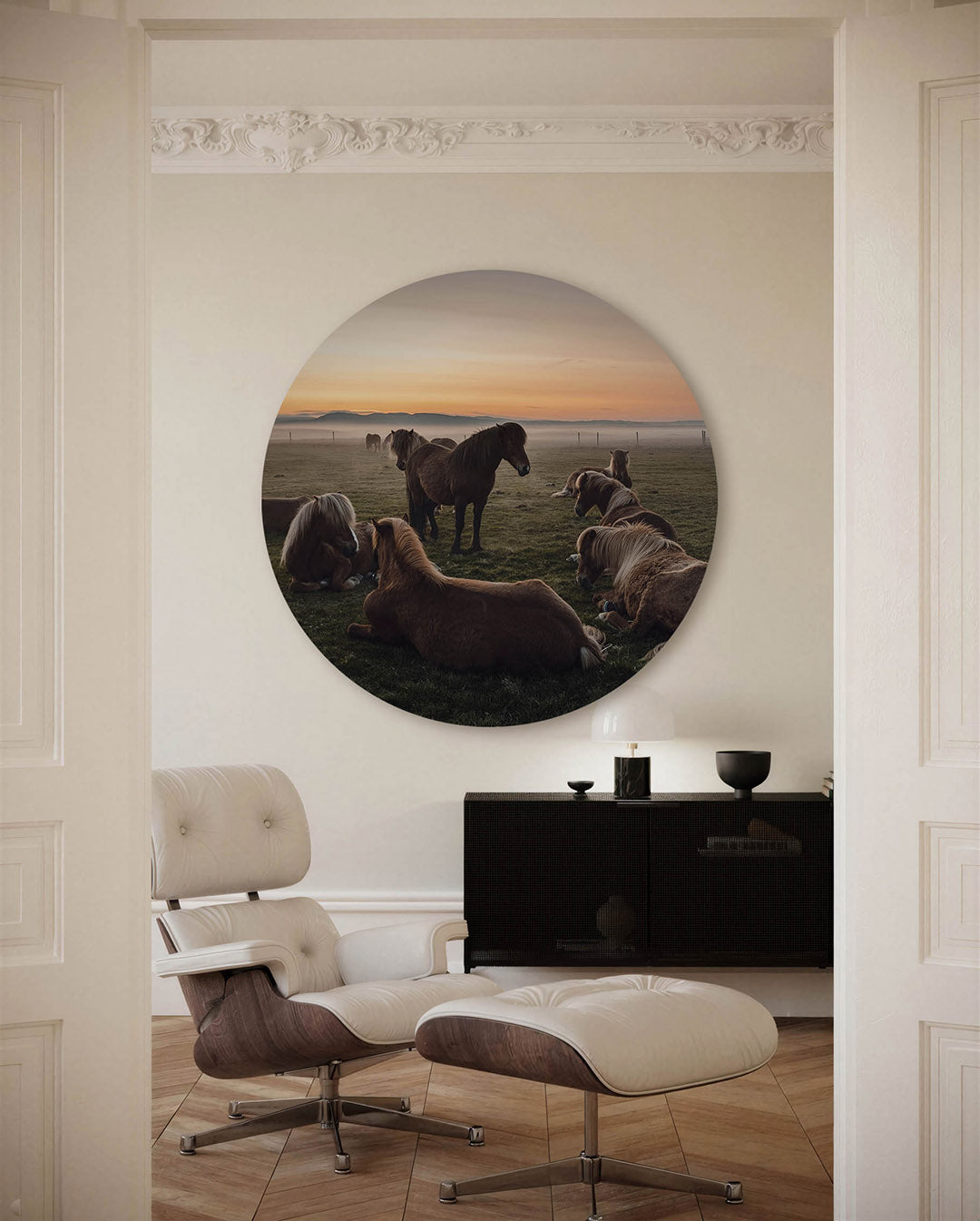 Paarden in landschap – fotografische muurcirkel voor aan de muur