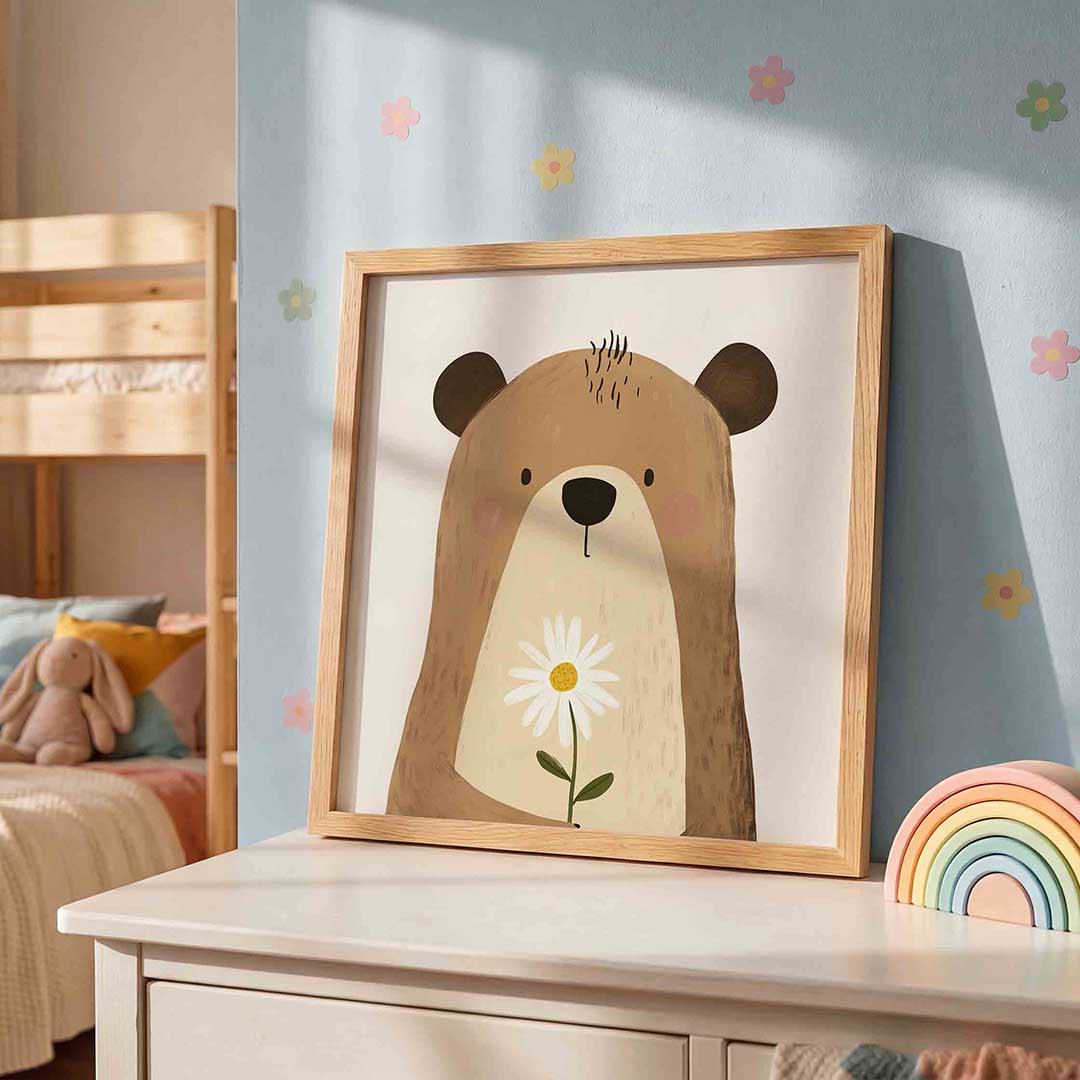 Beer met bloem – speelse wandkunst als vierkante kinderposter