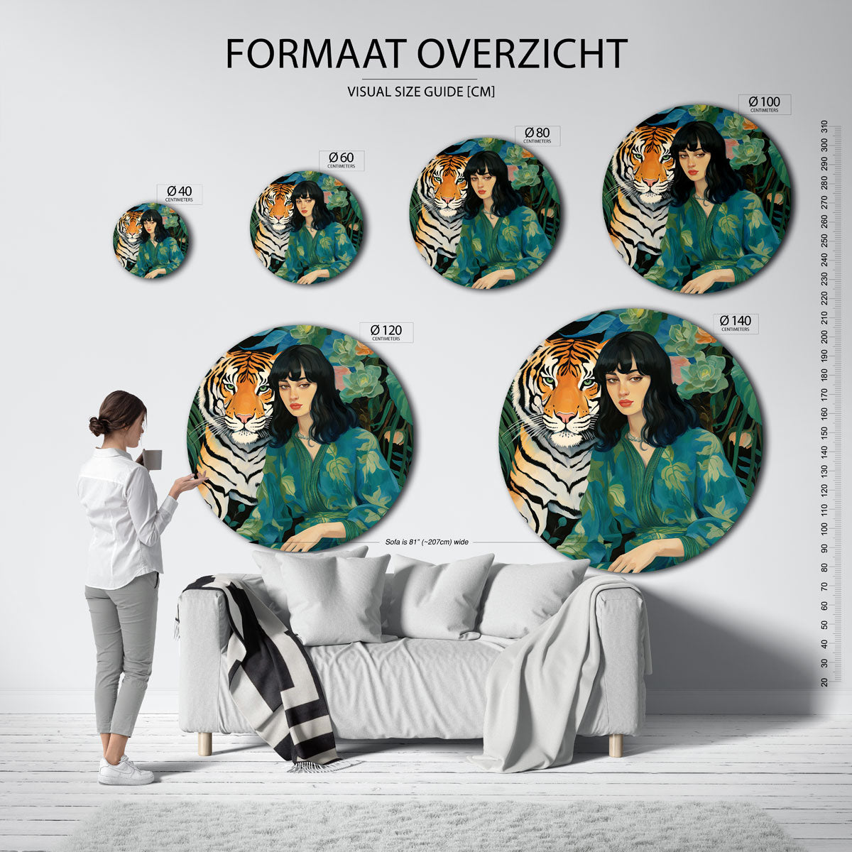 Tijger en vrouw – abstracte wandkunst met textuur als muurcirkel