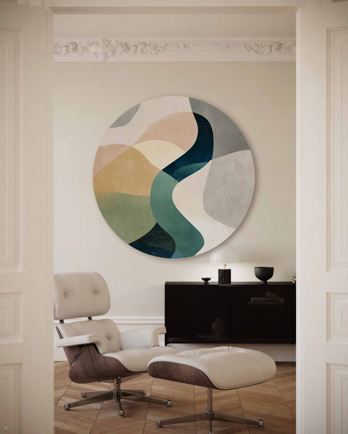 Abstracte vormen – portret muurcirkel als ronde muurdecoratie