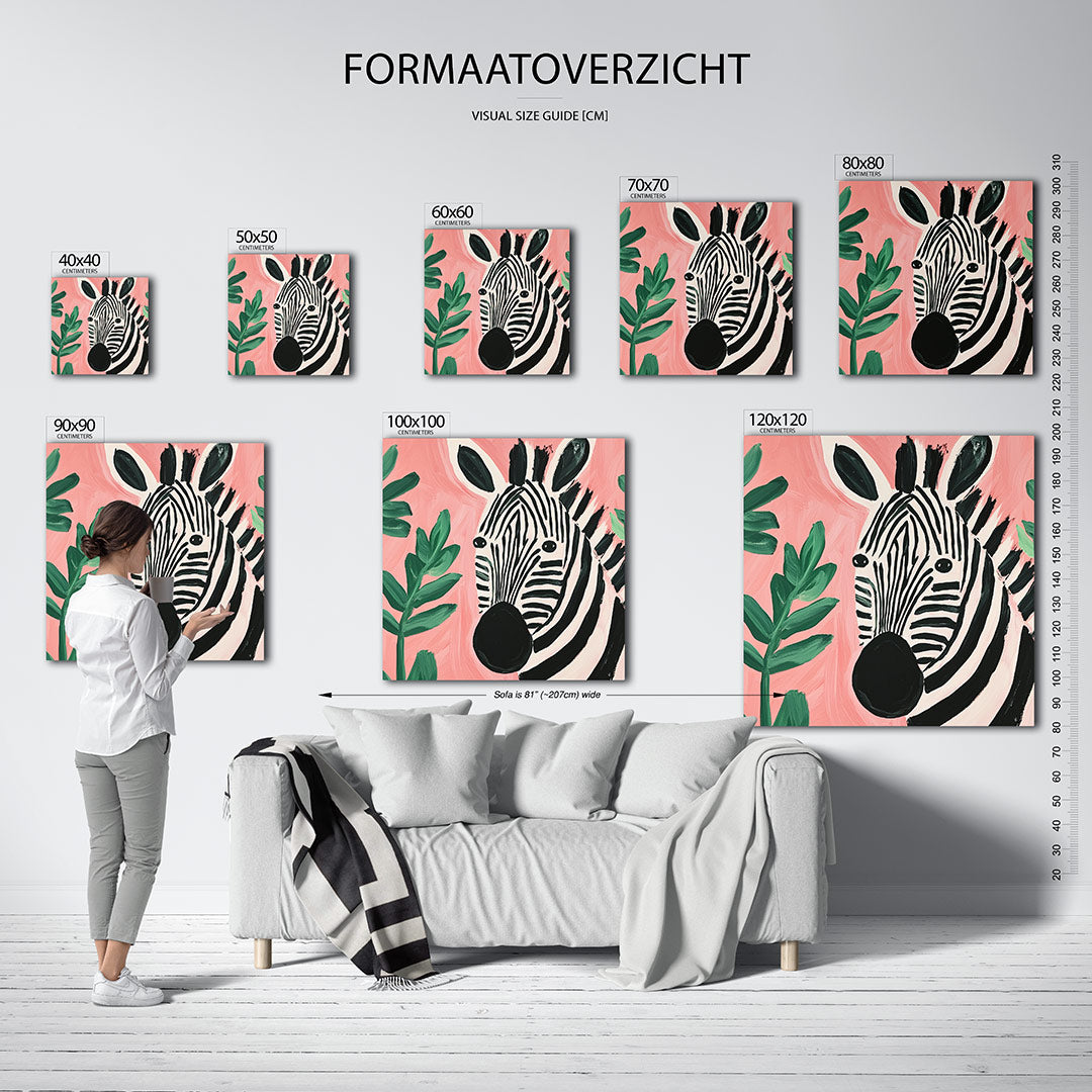 Zebra en bladeren kunstwerk – dit werk toont een zebra met opvallende zwart-witte strepen tegen een roze achtergrond, omringd