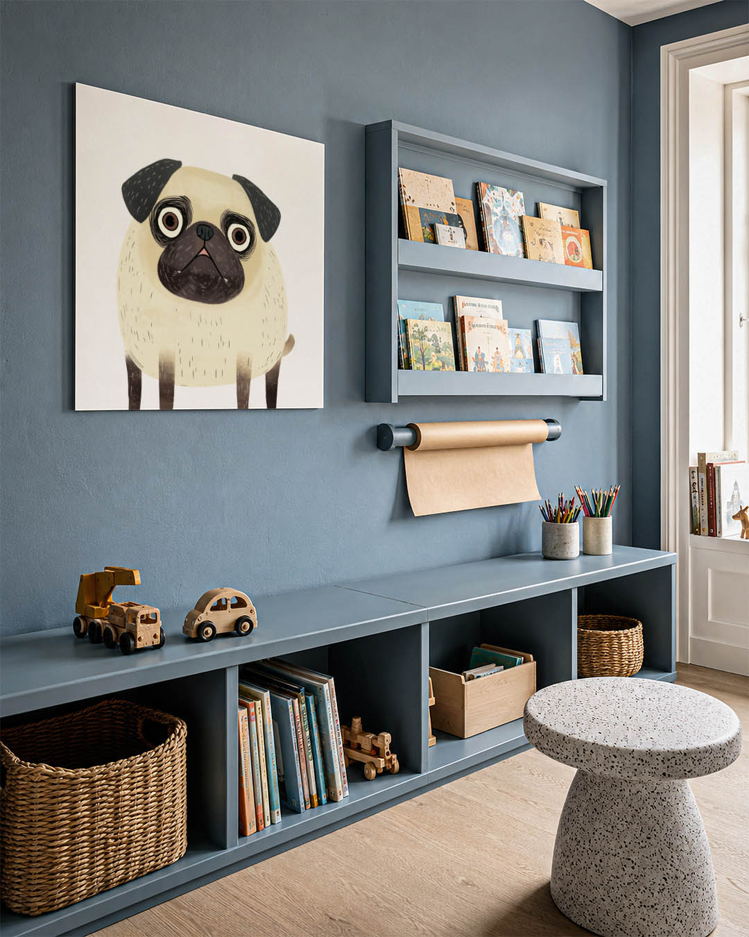 Speelse hond illustratie kunstwerk – detailweergave – dit werk toont een speelse hond met grote ogen en een ronde vorm. De