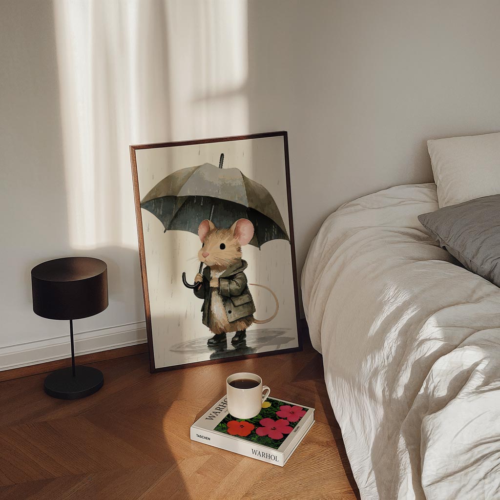 Schattige Muis in de Regen – staande kinderkamer wanddecoratie van WallArtistic