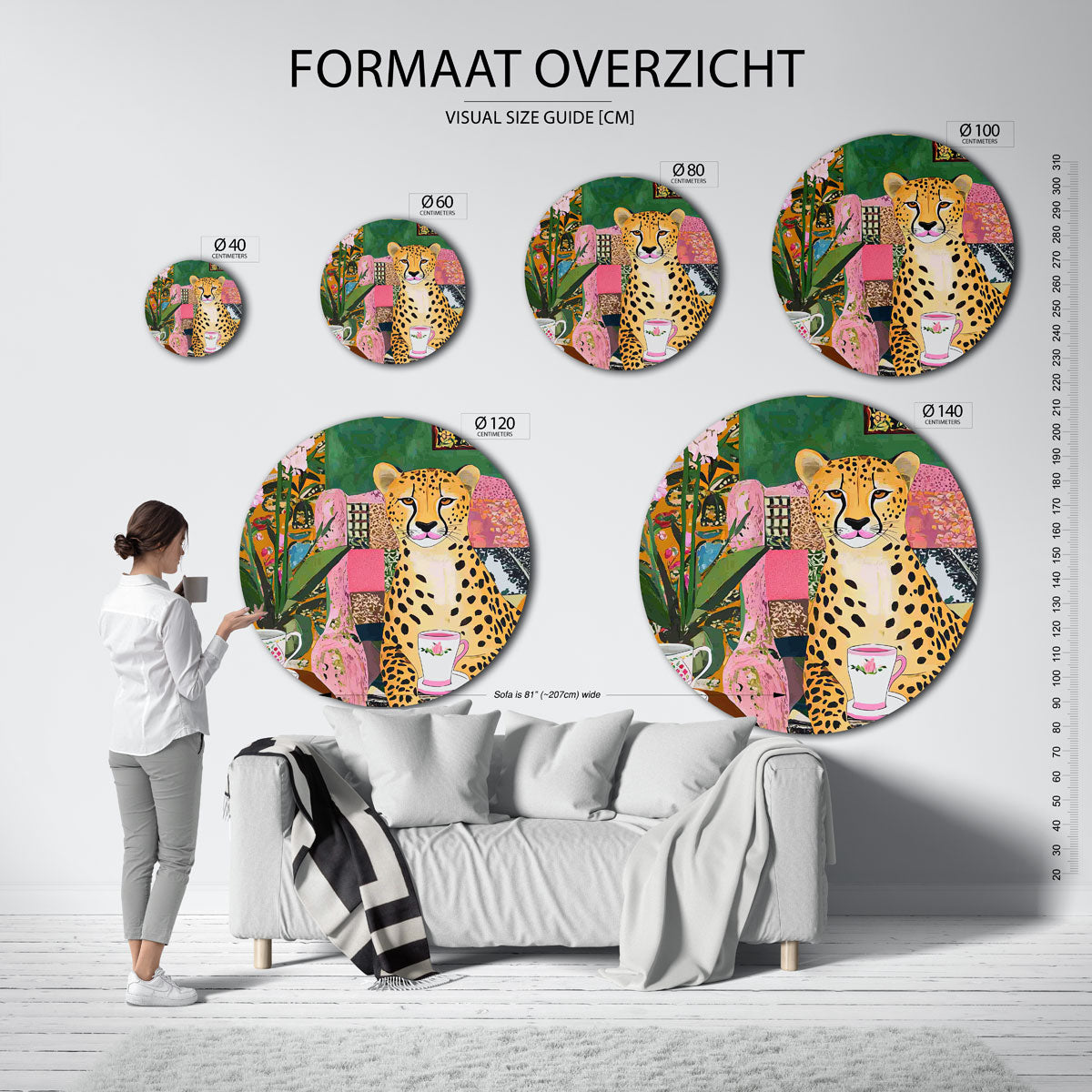 Luipaard met kopje – ronde muurcirkel met kleurrijke illustratie