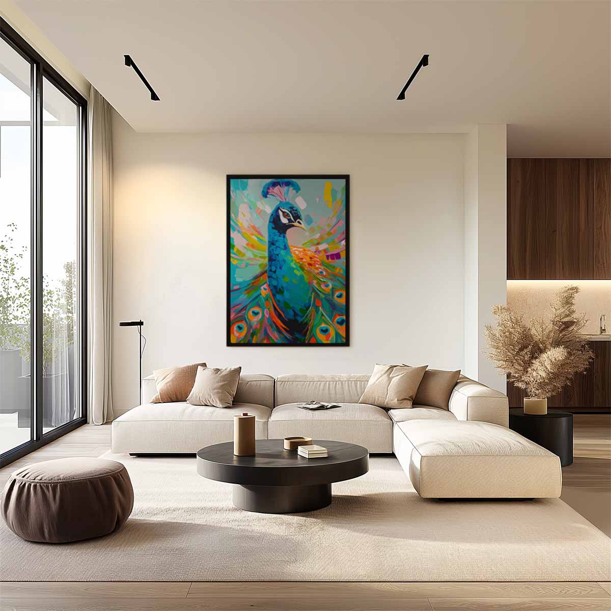 Kleurrijke Pauwportret – staand kunstwerk voor modern interieur
