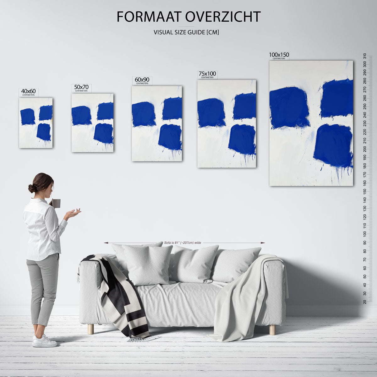 Dynamische blauwe vormen – staand wanddecoratie kunstwerk