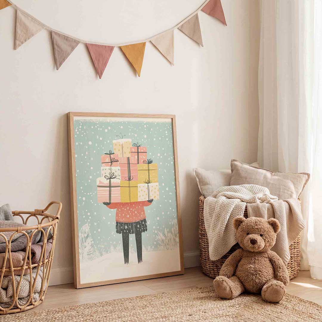 Stapeling van cadeaus – speelse wandkunst als portret kinderposter