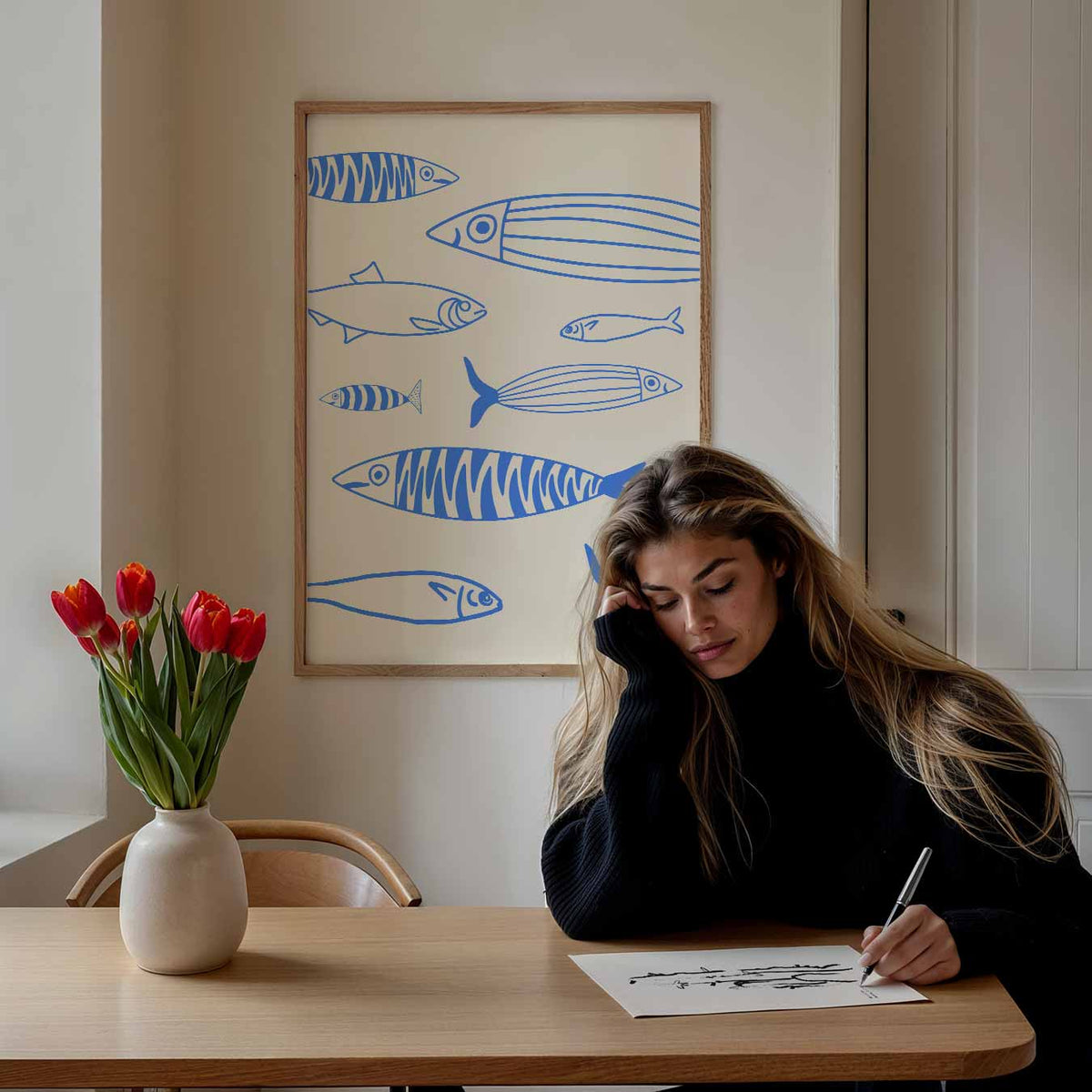 Fris Blauwe Vis Illustratie – keuken poster als sfeervolle staande wanddecoratie