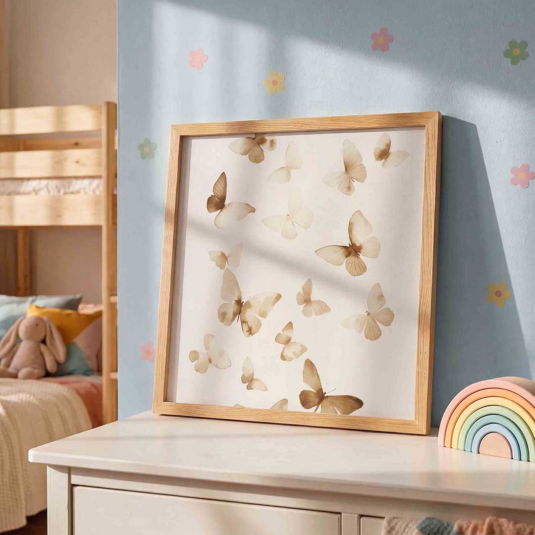 Vlinders in beige – speelse wandkunst als vierkante kinderposter