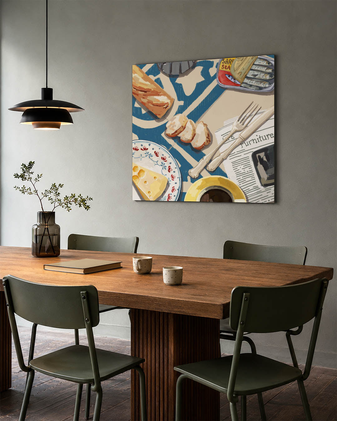 Ontbijt tafereel kunstwerk – tweede productweergave – dit werk toont een tafel met diverse ontbijtitems zoals brood, kaas en