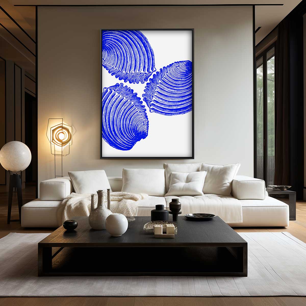 Blauwe Schelp Trio Kunstwerk – modern portret kunstwerk van WallArtistic