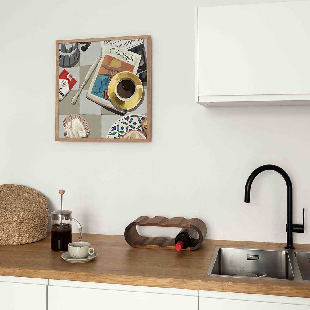 Stilleven met koffie en boek – keukenposter in vierkant formaat